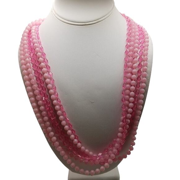 Vintage 1950s Pink Lucite Beaded Necklace 5 Strands Faceted & Opaque Beads - Picture 4 of 10